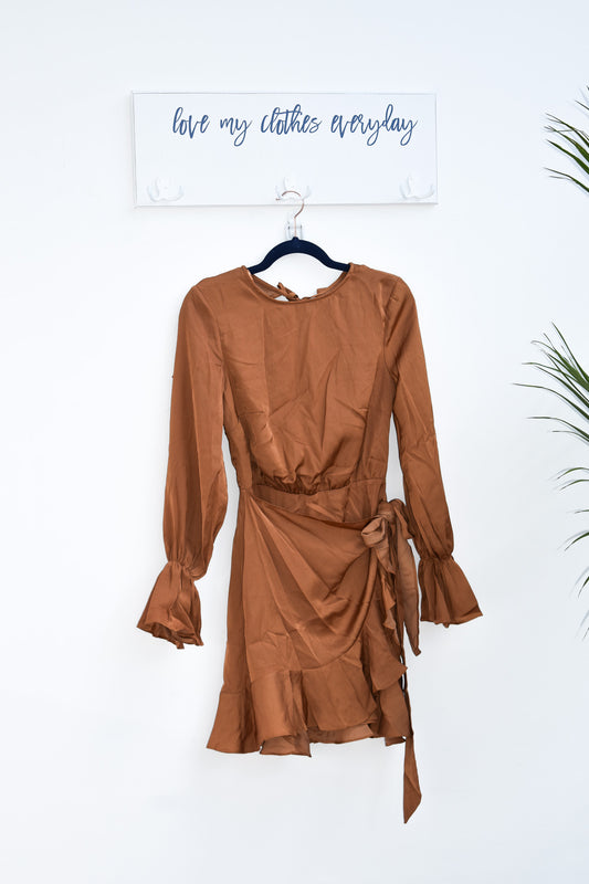 satin peasant dress with wrap skirt and open back self tie